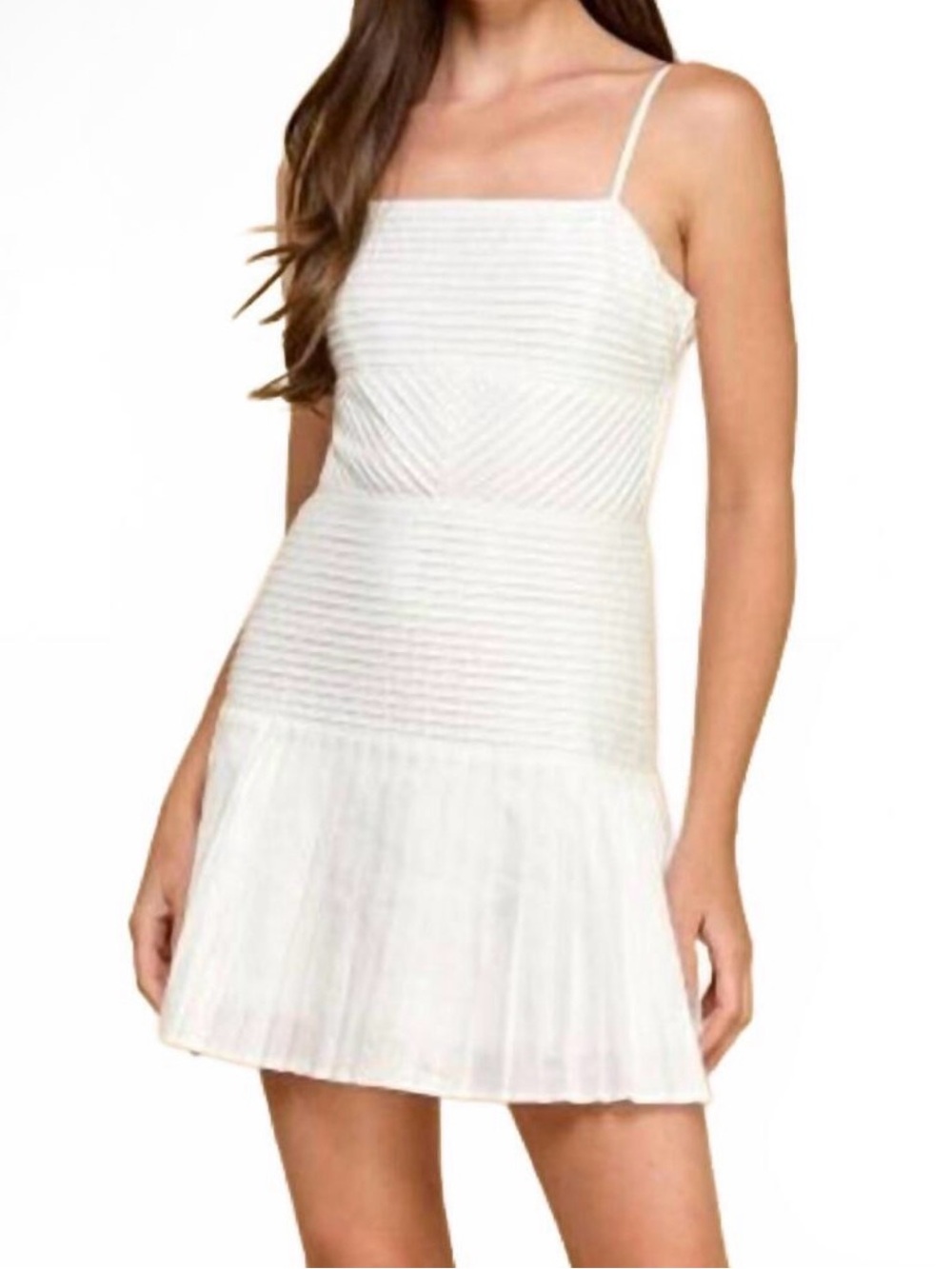 TCEC Everly Pintuck Pleated White Spaghetti Strap Mini Dress